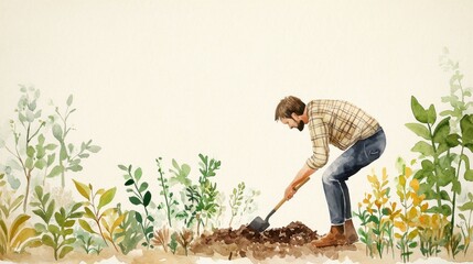 Gentle Watercolor Illustration of a Gardener Digging in a Garden Full of Green and Yellow Plants