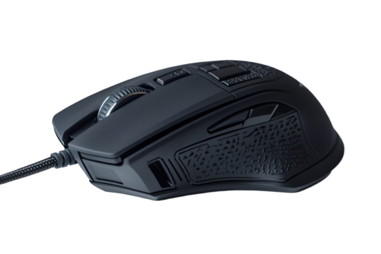 a black computer mouse with a wheel