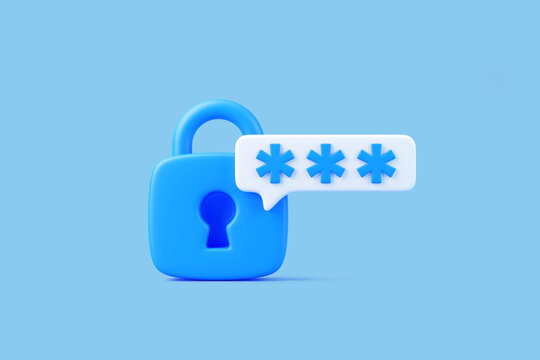 A blue padlock with a speech bubble showing password asterisks on a light blue background, symbolizing digital security and access. 3D render illustration
