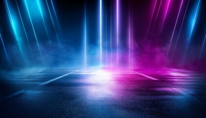 Dark, abstract background of a wet street, neon lights, smoky atmosphere, and a futuristic performance stage feel.
