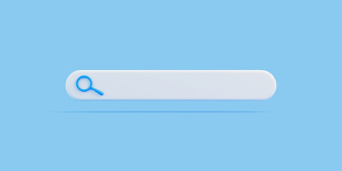 White search bar with a blue magnifying glass icon on a solid blue background, symbolizing online search and browsing. 3D render illustration