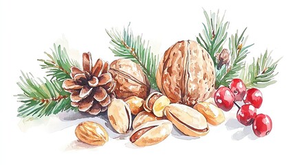 Fototapeta premium A delightful arrangement of nuts, pine cones, and berries set against a white background, perfect for festive themes.