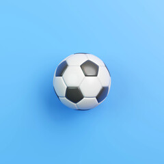 Fototapeta premium Black and white soccer ball placed on a smooth light blue background, ideal for sports and football-themed designs. 3D render illustration