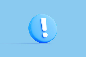 Exclamation mark icon in white on a circular blue background, symbolizing alert, notification, or warning on digital interfaces. 3D render illustration