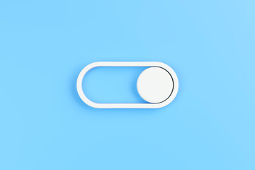 A simple white toggle switch on a bright blue background, representing settings, interface control, and modern design aesthetics. 3D render illustration