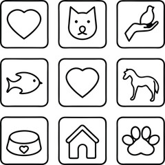 Animal Love Pet Icons, Hearts, Care, Shelter, and Paw Prints