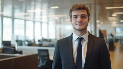 Fototapeta premium A poised young investment banker stands in a sleek office space, showcasing professionalism and ambition. Sunlight floods through large windows, illuminating the modern decor