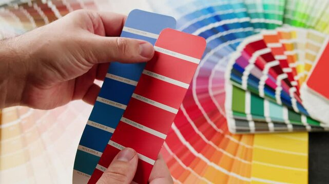 Color pallet, choosing the color by designer, furniture real estate or construction works. Creative graphic designer workspace, Work space of architect.