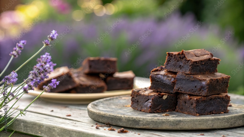 Poster a stack of fudgy brownies sits on a rustic wooden table with lavender flowers in the background.