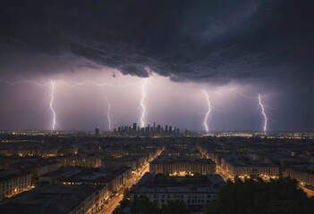 At night, spectacular lightning strikes illuminate a city skyline above