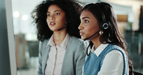 Women, call center and teamwork with customer support, training and help for computer advice. Collaboration, communication and employees with CRM service, online consulting and b2b problem solving