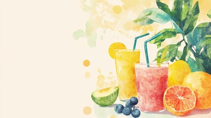 Vibrant Watercolor Scene of Refreshing Drinks and Fresh Fruit Surrounded by Lush Greenery