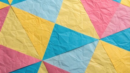 Fototapeta premium Abstract Crinkled Paper Background with Geometric Triangles in Vibrant Yellow, Blue, and Pink Hues