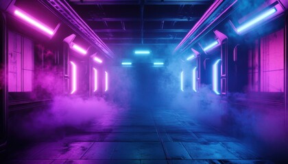Fototapeta premium Futuristic Neon Corridor Cyberpunk Sci Fi Vaporwave Purple Blue Lights Smoke Grunge