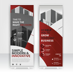 Modern design of annual report display stands showcasing professional graphics in an office environment with red color