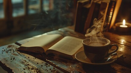Fototapeta premium A steaming cup of coffee with latte art, placed beside an open book.