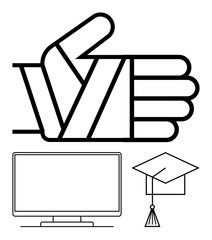 Thumbs up icon with bandages, computer monitor, and graduation cap. Ideal for education, technology, achievement, support, online learning medical success career growth. Line metaphor