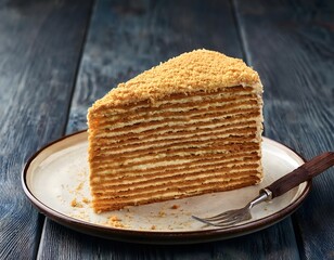 A piece of traditional Russian honey cake 'Medovik' with multiple thin layers of honey-flavored sponge and cream