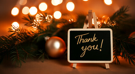 Christmas Decorations with Chalkboard Thank You Sign and Warm Glowing Lights