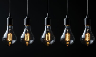 Five illuminated glass bulbs hang, dark background.