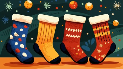 Festive christmas stockings display cozy living room digital illustration holiday decor aesthetic view gift ideas