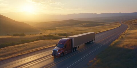 A large semi truck is driving down a road in a desert. The sun is setting in the background, casting a warm glow over the scene. The truck is the main focus of the image, and it is on a long journey