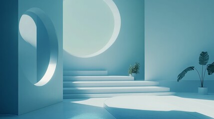 Abstract blue room, steps, plant, circular cutouts.