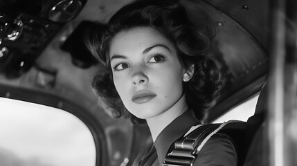 Vintage woman pilot portrait in classic black and white style. Vintage female pilot portrait in airplane cockpit. Old school female aviator portrait in classic aircraft cockpit. 