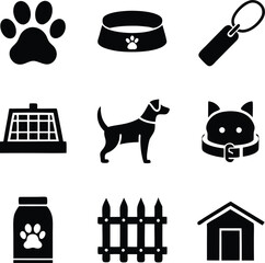Pet Care Icons Dogs, Cats, Food, Shelter, and Supplies