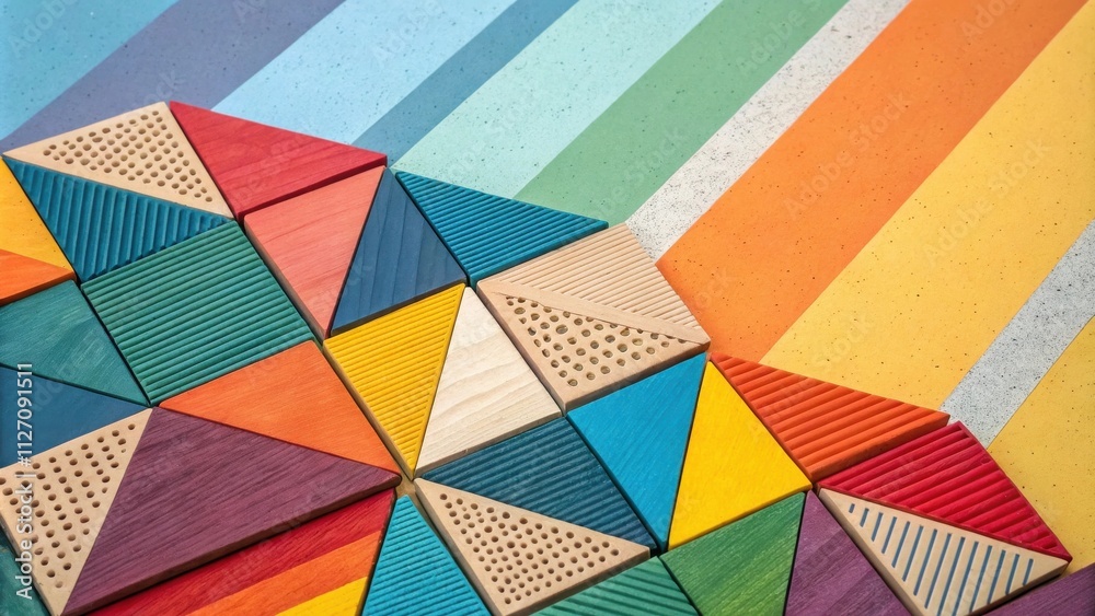 Aufkleber A colorful arrangement of wooden triangular blocks with various textures and patterns against a striped background.