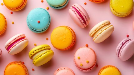 Obraz premium Colorful macarons on a pink background in a playful arrangement