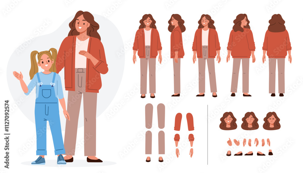Wall mural mother with daughter characters. constructor for animation. front, side and back view set. body part