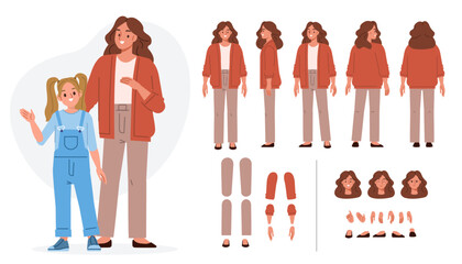 Mother with daughter characters. Constructor for animation. Front, side and back view set. Body parts, postures, poses collection. Vector illustration.
