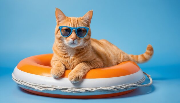 A funny fluffy cat chilling on lifebuoy and wearing sunglasses. A orange fluffy cat sit enjoy chilling , isolated on blue background. Holiday concept, summer time icon