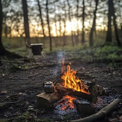Evening Fire in the Woods with a Kettle on a Log