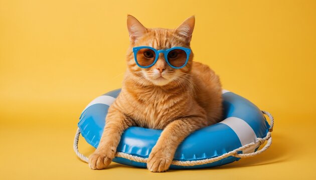 A funny fluffy cat chilling on lifebuoy and wearing sunglasses. A orange fluffy cat sit enjoy chilling , isolated on yellow background. Holiday concept, summer time icon
