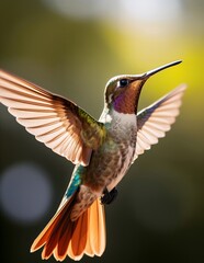 Fototapeta premium A vibrant hummingbird hovers in mid-air, wings outstretched. Its iridescent plumage shimmers in the sunlight.