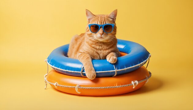 A funny fluffy cat chilling on lifebuoy and wearing sunglasses. A orange fluffy cat sit enjoy chilling , isolated on yellow background. Holiday concept, summer time icon