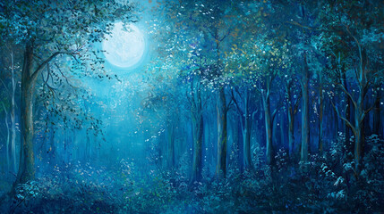 Obraz premium Mystical forest with moonlight breaking through trees, glowing magical particles, and a serene, ethereal atmosphere.