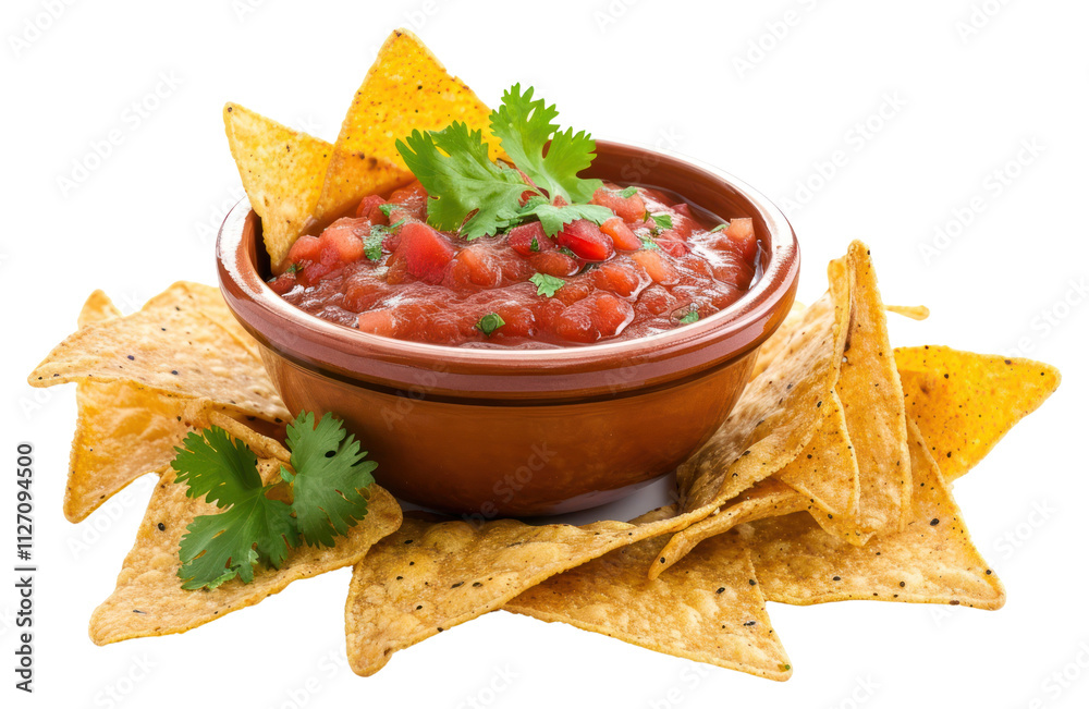 Poster PNG Bowl of tasty salsa sauce with nachos snack food bowl.