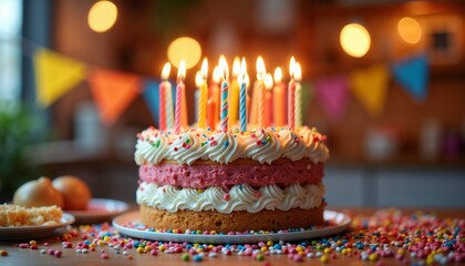 Birthday cake with candles, frosting, and colorful sprinkles