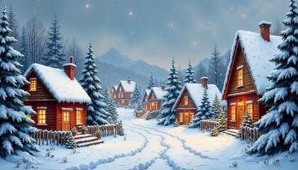 Fototapeta premium Snowy village with cozy cabins and glowing lights at night