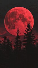 Fototapeta premium Red Moon Silhouette of Trees Against Dark Night Sky