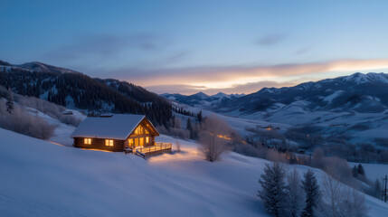 Cozy cabin glowing in a snowy mountain landscape at dusk
