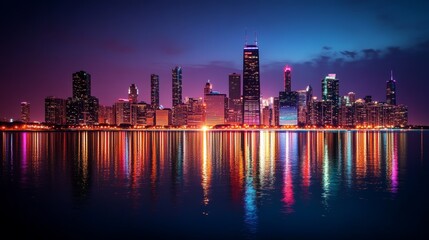 Fototapeta premium Stunning Night Skyline with Bright City Lights and Reflection