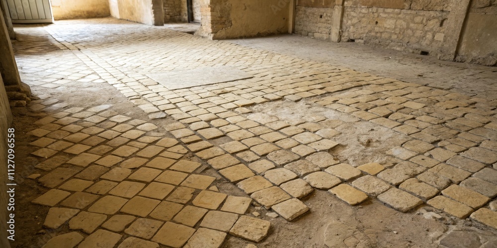 Aufkleber Cobblestone Flooring in a Historic Building, Its Rough Texture and Weathered Appearance Speak Volumes About the Passage of Time and the Legacy of the Structure.