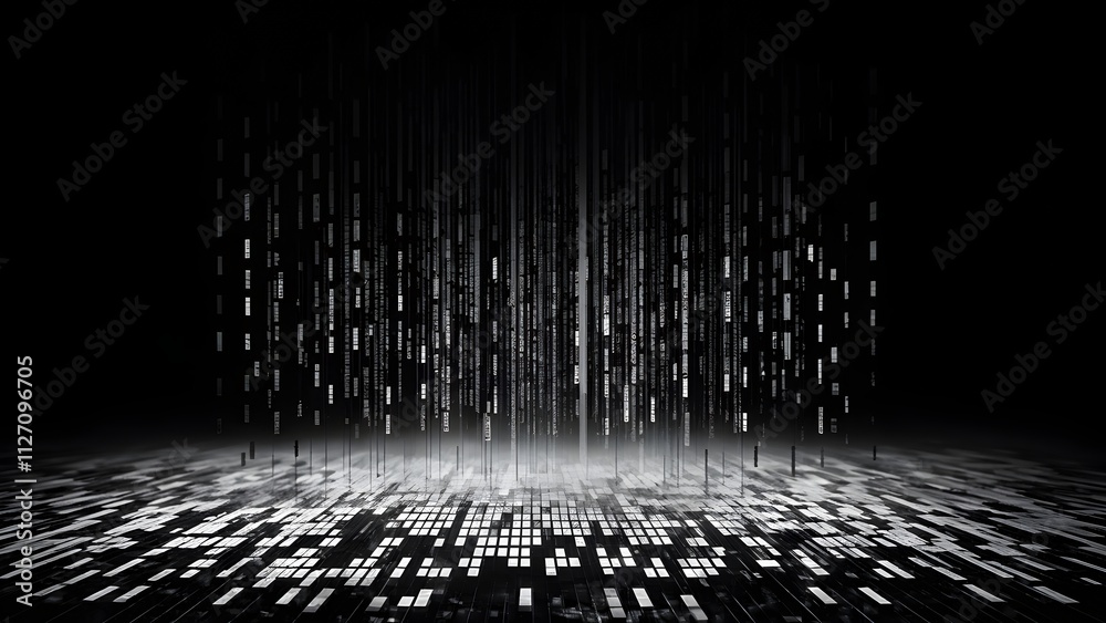 Poster abstract animation of binary code cascading down like digital rain, representing data insights in mo