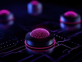 A futuristic digital interface featuring glowing pink brain-like nodes on a dark circuit board background.