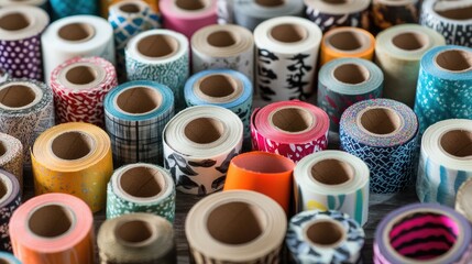 Colorful Rolls of Decorative Tape Spread Across a Wooden Surface