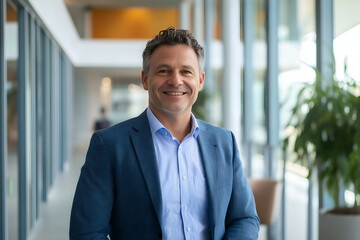 Fototapeta premium Portrait of successful businessman consultant looking at camera and smiling inside modern office building